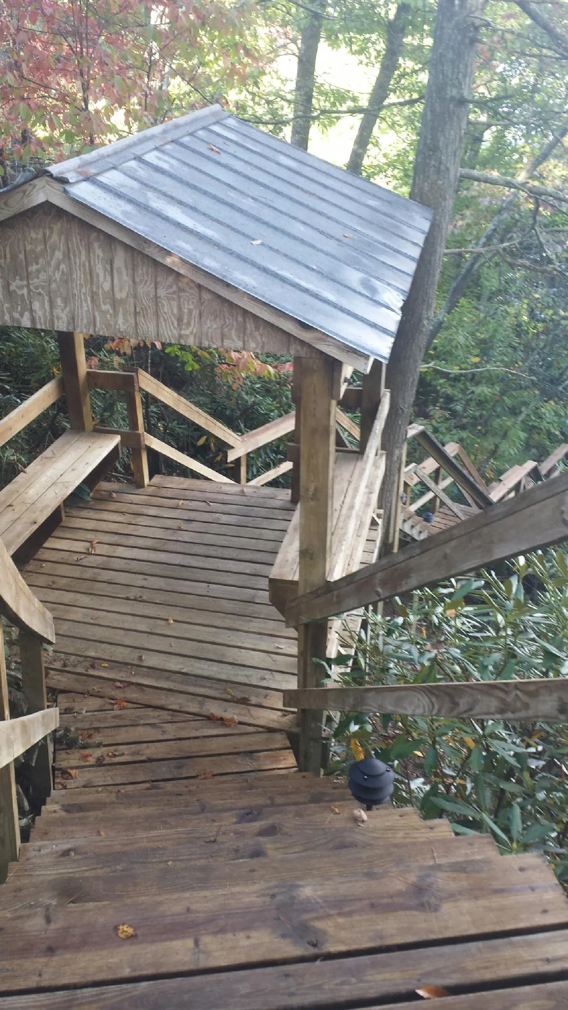 Metal roofed shelter over wooden steps on a wooded walkway — Skylight Repair & Installation work by our crew in North Powder